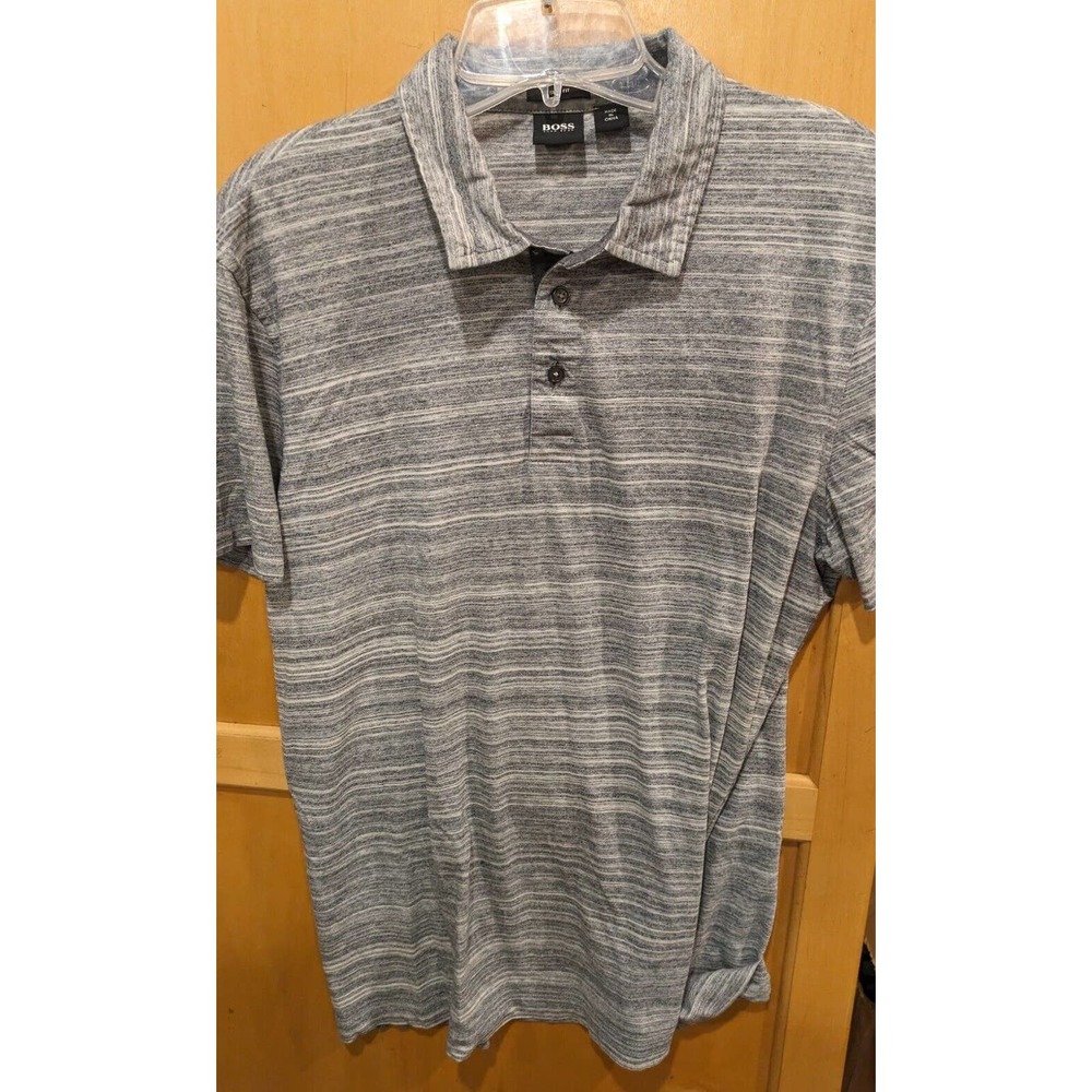 Boss Hugo Boss Polo Shirt Mens‎ Large Gray Stripes Short Sleeve Slim Fit